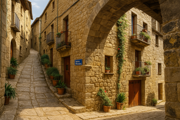 Calle empedrada en un pueblo rústico