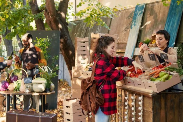 Happy seller talking to client and selling seasonal locally grown veggies at farmers market. Local vendor helping consumer to choose organic produce, explaining health benefits of natural food.